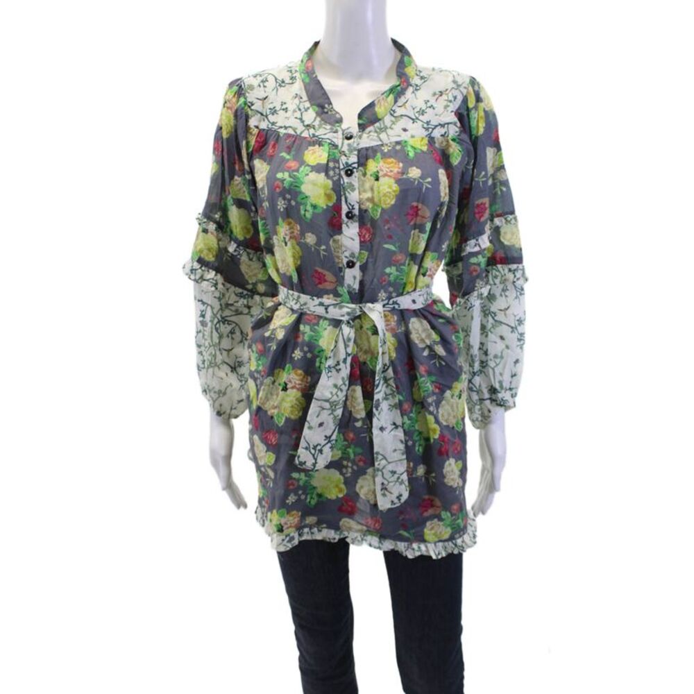 Olga Valentine Womens 3/4 Sleeve Crew Neck Floral Belted Top Gray White Size 14
